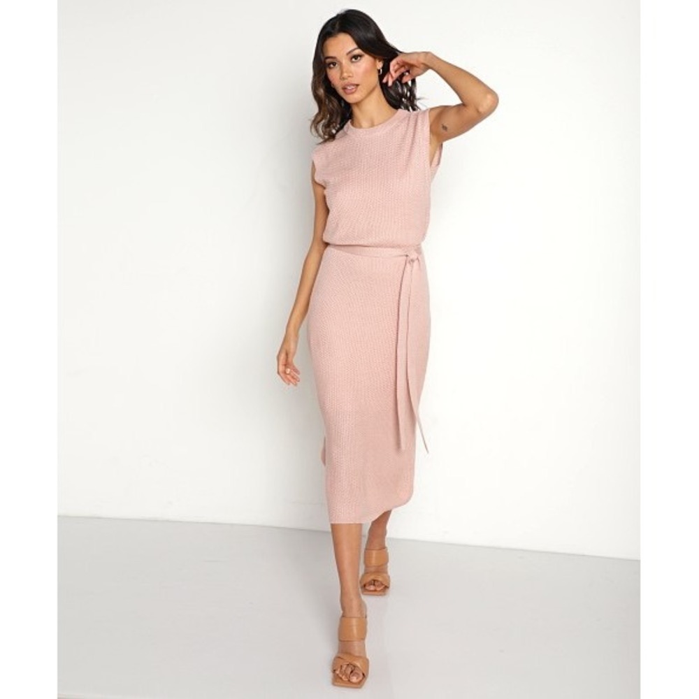 NWT Callahan Anthropologie Knit Mini Dress Pink Rose Sleeveless Belted Long S